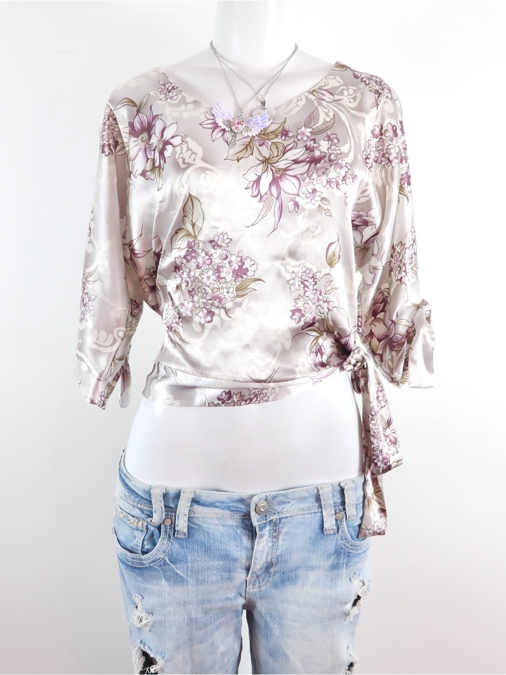 Fashion Bug Floral Satin Blouse in Cream and Purple